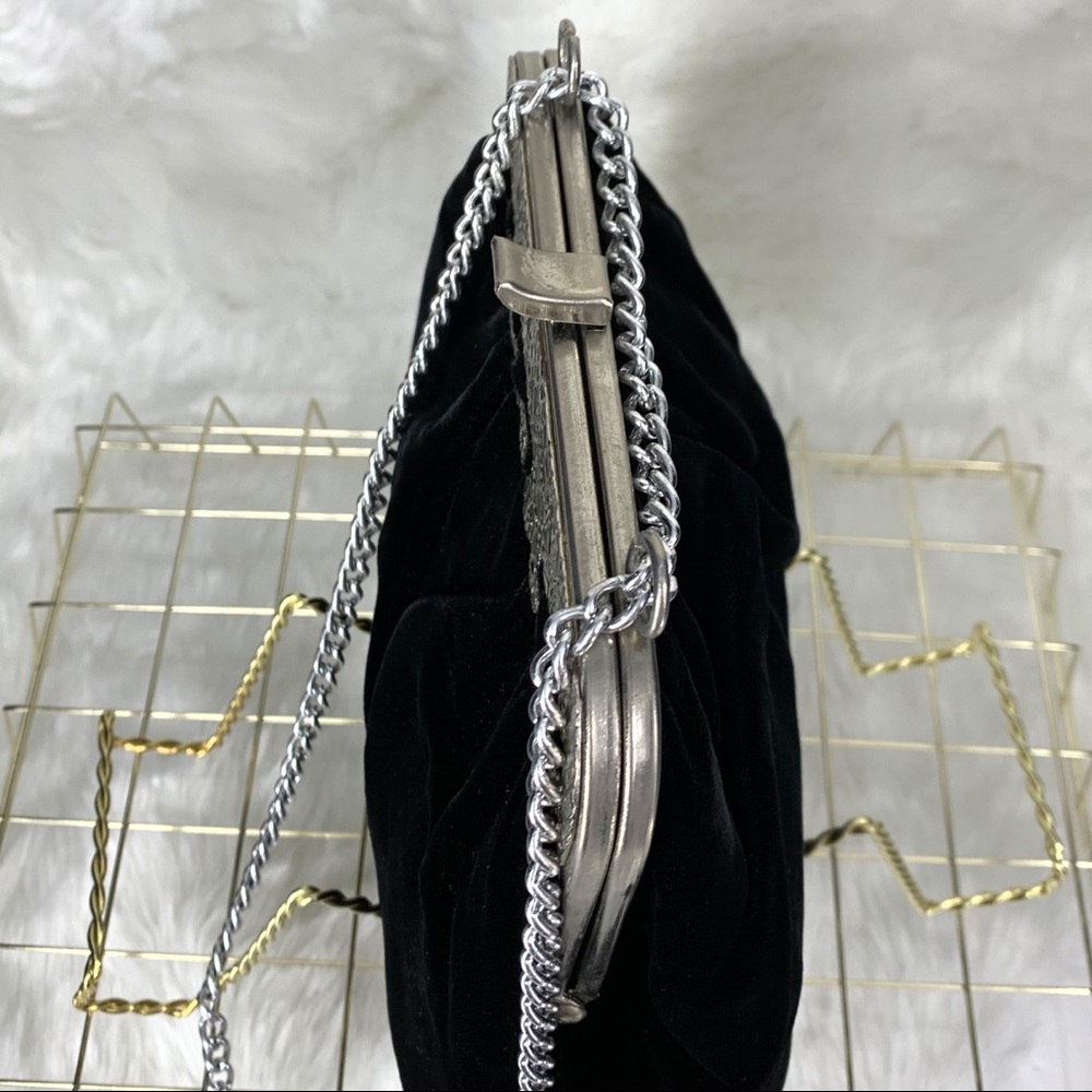 Vintage Black Velvet Evening Bag, Silvertone Metals - Picture 8 of 14